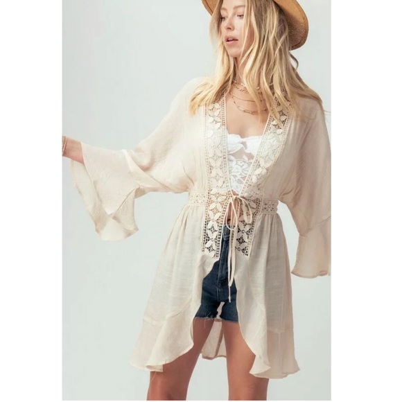 CLEARANCE Natural Boho Crochet Ruffle Bell Sleeve Cardigan - Picture 2 of 4